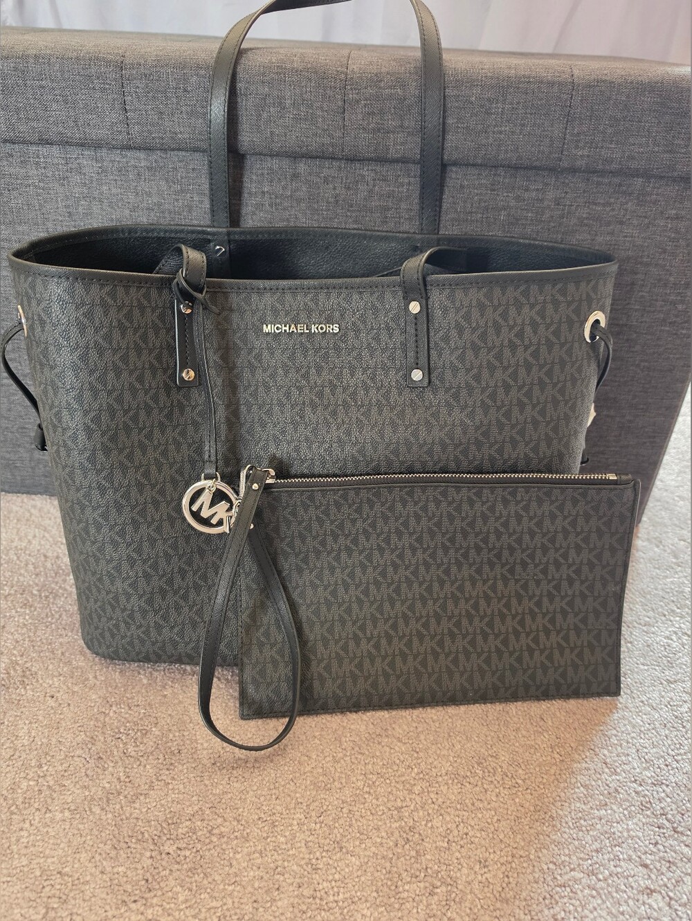 Michael Kors Black Signature MK Logo Tote with Wristlet